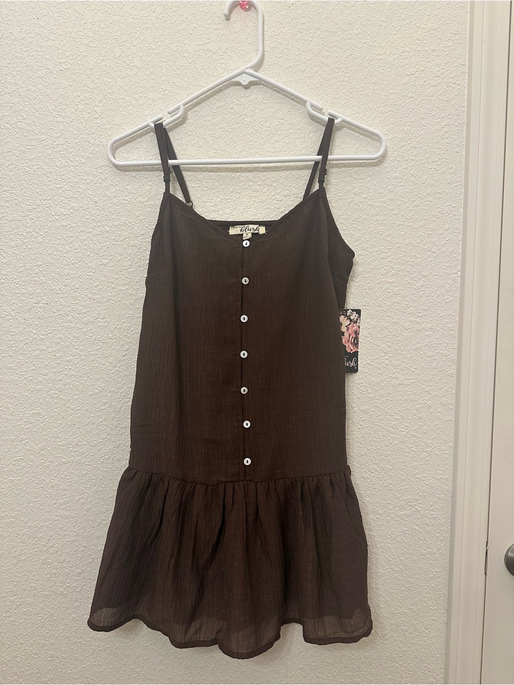Blush Brown Button-Front Spaghetti Strap Mini Dress